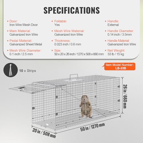 VEVOR Humane Live Animal Trap, Dimensions 50" x 20" x 26" Cage Trap, Crafted from Galvanized Iron, Collapsible Design with Carrying Handle for Capturing Stray Dogs, Armadillos, Raccoons, and Foxes - size: 50" x 20" x 26"