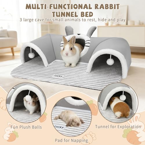 YUEPET 3-Way Bunny Tunnel Bed, Rabbit Tunnel for Indoor, Bunny Play Tunnel | Cozy Bunny Bed, Washable Rabbit Tunnels for Indoor Bunnies, With Removable Cushion, Anti-Slip Base, 29.5 x 21.7 in, Grey - color: Grey
