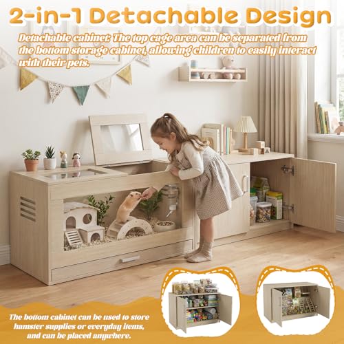 Hamster Cage with Storage Cabinet Detachable, Large Wooden Small Animal Habitat with Easy-Clean Drawer & Acrylic Panels for Guinea Pig, Rabbit, Hedgehog, Chinchilla (Teak) - color: Teak