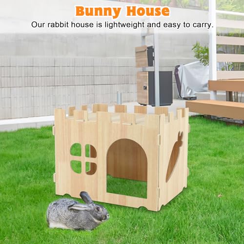 YUEPET Wooden Rabbit Castle, Bunny Castle & Detachable Rabbit House Hideout | Poplar Plywood Panels, Tool-Free Assembly, 12 Rubber Fastening Rings, Two-Level Hideout, Bunny House Indoor - size: Rabbit Castle+No Ramp