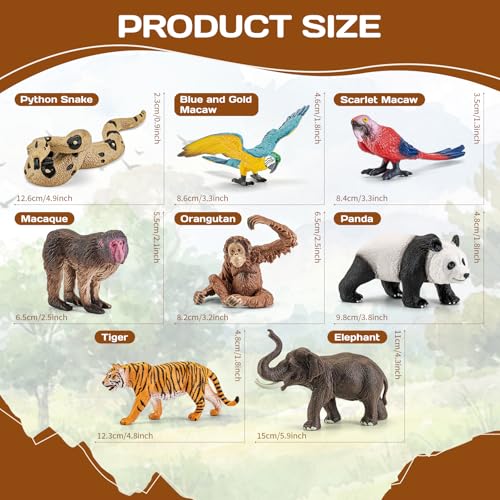 8Pcs Solid Safari Animals Figures Zoo Animals Toys for Kids 3-5 | Plastic Jungle Animals Figurines, Elephant, Panda, Tiger, Macaw, Parrot, Snake, Orangutan, Monkey - style: 8Pcs Zoo Animals