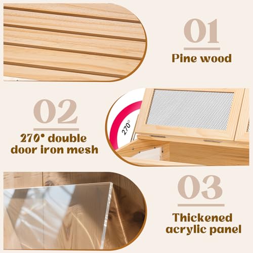 Hamster Cage 32" Chewproof Wooden, 270° View Acrylic Pet Habitat | Panoramic Large Habitat, Bite-Proof Mesh & Top Dual Access Doors, for Syrian/Dwarf Hamsters, Guinea Pigs, Chinchillas - size: 16.0"L x 16.0"W x 32.0"H
