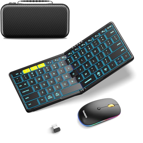 Samsers Full-Size Travel Foldable Keyboard and Mouse with Backlight, Black | 0.65in Keycap, Backlit, PU Leather Cover, Portable Wireless Mouse, Hard Case, 2.4G + BT5.0 x 2, Work Efficiency, On-the-go - color: BL Black