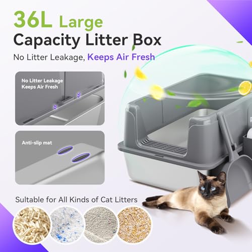 Stainless Steel Cat Litter Box, Free Metal Litter Box with High Sides Lid, Open Top Litter Pan Include Scoop - color: Warm Grey XXL