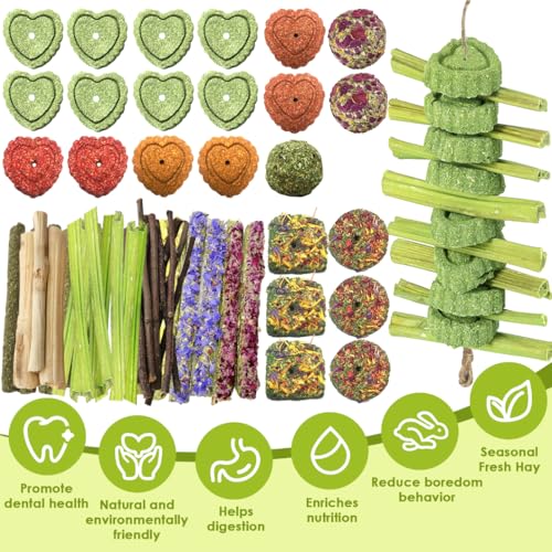 60pcs DIY Rabbit Toys for Bunnies Boredom,Rabbit Toy for Bunnies Boredom Bunny Toys for Teeth, Timothy Stick, Apple Sticks, Sweet Bamboo, for Guinea Pig, Hamster, Chinchilla, Rat, Small Animals