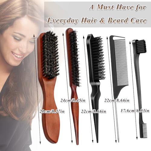5 PCS Boar Bristle Slick Back Hair Brush Set Edge Control Brush Teasing Comb for Men Women Boar Bristle Smoothing Brushes Sleek Hair Brushes for Slicking Hair Beard (5PCS) - color: 5PCS