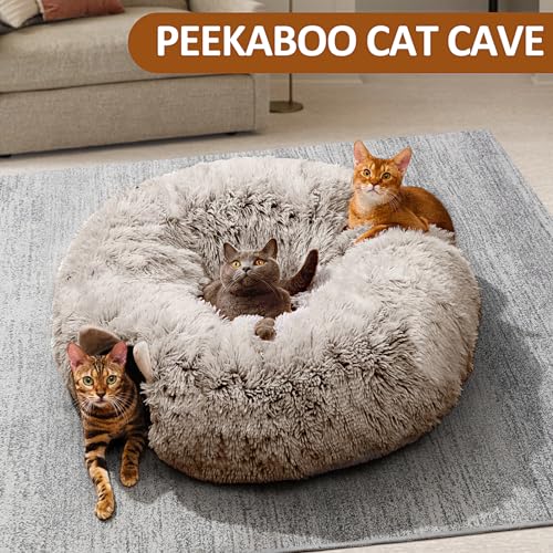 Cat Tunnel with Cat Bed for Indoor Cats, Soft Plush Peekaboo Cat Cave Donut Tunnel, Multifunctional Playground Toys Hideplace for Small Medium Large Kittens, Rabbit, Ferret, Brown - color: BROWN