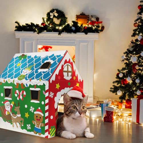Cinrobiye Christmas Cardboard Cat House with Scratcher DIY Coloring Pet Gingerbread Board Bed Cave Playhouse Hideaway Hideout Condo Decor Animals Scratch Box for Indoor Cats Kittens Rabbits Bunny - color: White