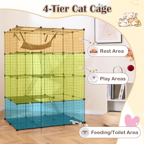 Tangkula Cat Cages Indoor, 56" Large 4-Tier Cat Enclosure with Skylight, Hammock, 3 Ladders, Detachable Metal Wire Kennel with 4 Lockable Doors, DIY Cat Crate & Pet Playpen Catio for 1-4 Cats - size: 43.0"L x 29.0"W x 56.0"H