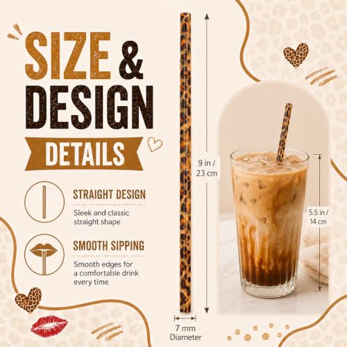 50 Pcs Reusable Leopard Print Straws Bulk, Cheetah Print Plastic Drinking Straws with 2 Cleaning Brushes for Animal Print Party Favors Safari Birthday Party Supplies