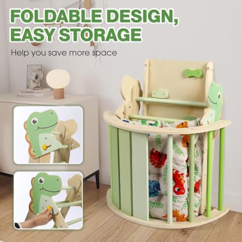 Pikler Triangle Set with Cushion, 7 in 1 Toddler Climbing Toys Indoor | Foldable Space-saving Design, Montessori-inspired Learning, Reversible Slide & Ramp, ASTM F963 Standards for Toddlers 18M-5Y - color: Dinosaur