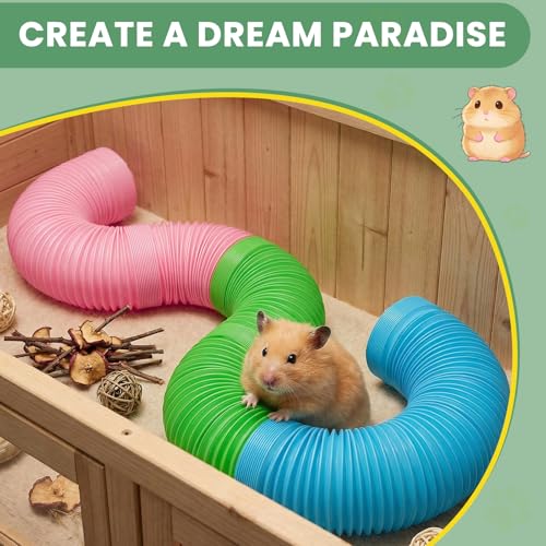 19 PCS Hamster Tubes and Wood Hamster Chew Toys, Natural Guinea Pig Chew Toys for Enrichment, Pet Cage Accessories for Syrian, Cage Accessories for Teeth Care & Boredom Relief (Pink Blue Green)