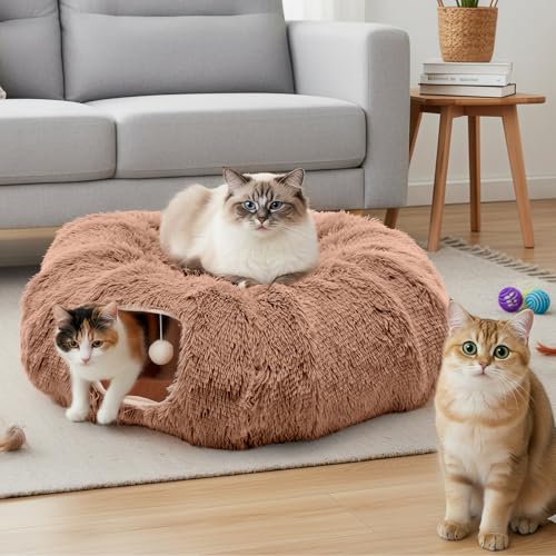 DUMOS Cat Tunnel Bed for Indoor Cats, Cave Donut Play Tunnel - Brown | Soft Plush Peekaboo, Washable Circle Cushion, Multifunctional Playground Under Tree Toys for Kittens, Puppy, Rabbit, Ferret - color: Brown