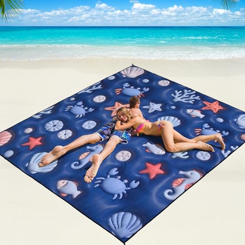 WIWIGO Beach Blanket Mat Waterproof Sandproof for 2-8 Adults Quick Drying | Extra Large, For 2-8 Adults,Windproof, Outdoor Picnic Mat, Beach Accessories Must Have,Gifts, for Travel, Camping, Hiking - color: 3d - Ocean Deep Blue, size: 79" X 83"（1-4person）