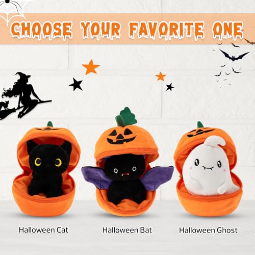 Plushland Halloween Zip-Up Pumpkin Stuffed Animal Plush Toys,Hideaway Spooky Black Cat Bat Ghost Plush Halloween Toy for Festive Decorations & Fun Surprises 6 Inches (Black cat) - style: Black cat