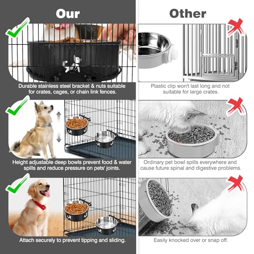 Dog Crate Water Bowl No Spill, 2 Pack Hanging Dogs Kennel Water Food Bowls, Stainless Steel Mountable Pet Bowl Metal Feeder Coop Cup Cage Accessories for Puppy Cat Rabbit Guinea Pigs Ferret Bird - color: Black