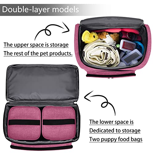 BAGLHER Pet Travel Bag, Double-Layer Pet Supplies Backpack (for All Pet Travel Supplies), Pet Travel Backpack with 2 Silicone Collapsible Bowls and 2 Food Baskets Pink - color: Light pink