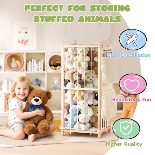 Stuffed Animal Storage & Organizer, 54 inch Tall Wooden Cute Zoo Toy Holder w/Building Block Storage Bag, Premium Wooden Material with Elastic Cord for Toddler Rooms, Playrooms (Small) - color: Natural, size: Small