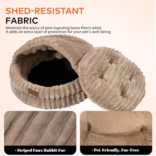 CHEERPALS Cat Cave Bed for Indoor Cats Covered Hooded Pet Bed with Cushion | Non-Slip, Washable Machine Mat, Warm Cozy Comfortable Round Kitty Bed Soft Fluffy Enclosed Pet Bed for Puppy and Cats(Khaki) - color: Khaki