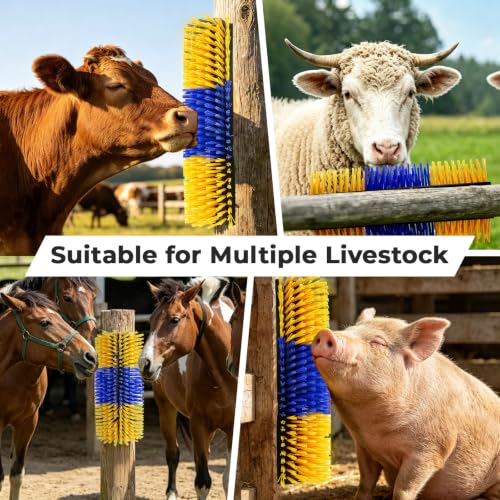 2PCS Horse Scratcher Goat Brush Post, Livestock Scratching Brushes | Stiff Bristle, Itch Relief, Self-grooming, Full Massage, Livestock Scratch Brushes w/Durable Screws Cleaning Tool and Gloves - color: Yellow