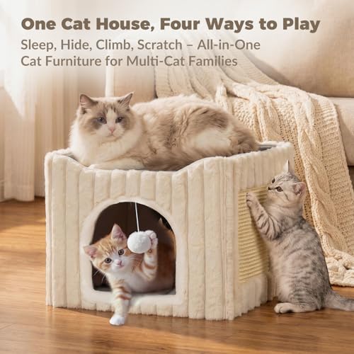 Avont 3-in-1 Cat Cave Bed for Indoor Cats with Scratch Pad | Scratch Pad & Hanging Ball, Large Hideaway for up to 20 LBS, Washable Cushion, Foldable Design, Available in Grey & Cream - color: Cream