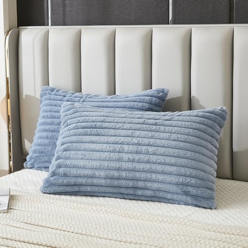 Bed Pillowcase Queen Set of 2 Striped Faux Rabbit Fur and Velvet Back Rectangle Lumbar Pillow Covers Shams Modern Home Decorative (Dusty Blue, 20 x 30 Inch) - color: Dusty Blue, size: 30" x 20" (Pack of 2)