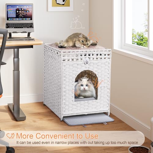 Snughome Cat Litter Box Enclosure Furniture Hidden with Litter Mat, Hidden Washroom Furniture with Door, Handwoven Rattan Cat Washroom Box, Indoor Pet House for Living Room, Bedroom(White) - color: White