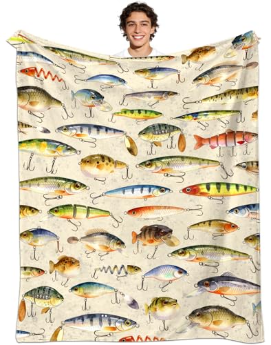 Fish Blanket Ultra Soft Lightweight Flannel Fishing Bait Throw Blankets Fish Blanket Gifts for Room Bed Sofa Decor 50"x40" - color: Beige Fish