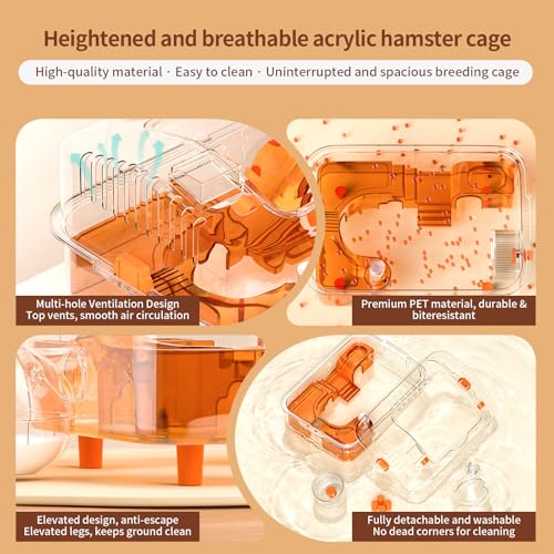 Hamster Cage with Bath, Clear PET Habitat for Dwarf Hamsters | 19.68"x14.17"x12.59", hamster enclosure with external bath area, platform, wheel and activity space for small pets - size: 19.7"L x 14.2"W x 12.6"H