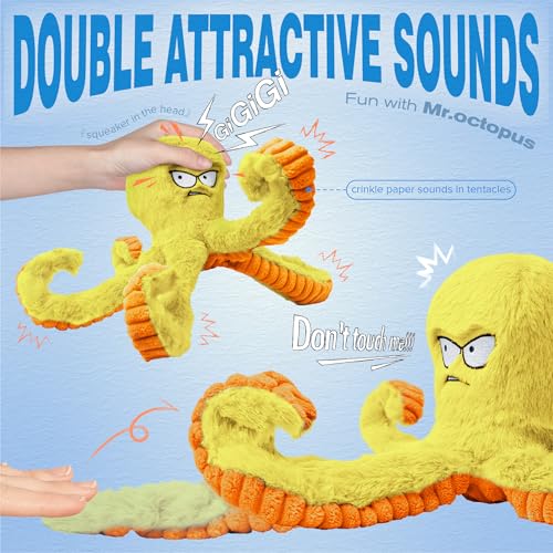 LEGEND SANDY Tough Dog Toys, Squeaky Large Dog Toy, Stuffed Puppy Chew Toys | Soft Fabric, Interactive Daily Companionship, Tug of War Doggie Toy, Training Reward, Crinkle Yellow Octopus - color: Yellow Octopus