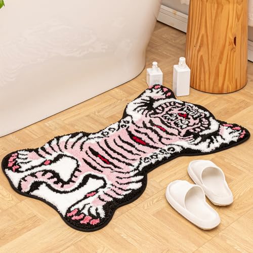 Tibetan Tiger Rug, Pink Tiger Bath Mat Fun Animal Bathroom Rug | 24 x 40 In, Soft Plush Pile, Non-Slip Backing, Washable, Irregular Shape, Bedroom and Living Room Floor Accent - color: Pink