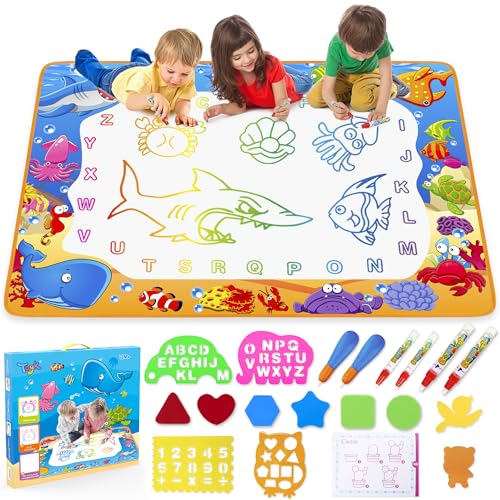 Water Doodle Mat - Kids Color Painting Toy, Gift Set for Toddlers 3-7 | Great Educational Water Doodle Mat - Toddler Painting Toy Gift with Fun Stencils, Magic Pens & Drawing Templates for Kids - color: Ocean