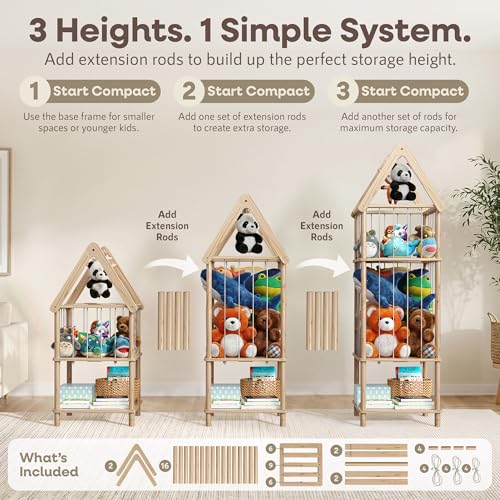 Kid Stuffed Animal Storage Corner, 3 Heights Adjustable (36", 45.5", 55.5") Wooden Zoo Stuffed Animal Organizer with Bottom Shelf, Durable Elastic Plushies Storage Cord - Teddy Bear Holder