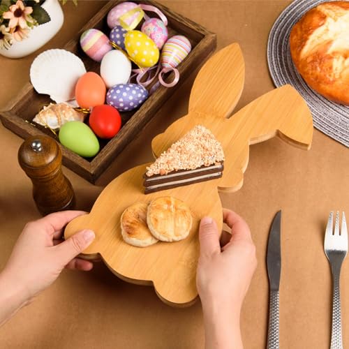 AWIZOM Easter Bunny Shaped Cutting Board Rabbit Bamboo Charcuterie Board Wooden Bread Cheese Serving Tray Platter Kitchen Chopping Board for Easter Spring Holiday Housewarming Present,13.78x7.68x0.59"