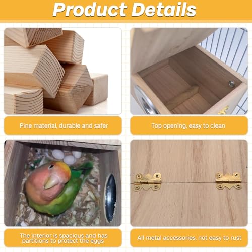 PINVNBY Parakeet Nesting Box Bird House for Cage Wood Mating Box Bird Breeding Box for Lovebirds, Cockatoo, Budgie, Finch, Canary Small and Medium Sized Birds (L:9.8 * 5.3 * 5.3 inch) - size: Wood,L: 9.8*5.3*5.3 inch