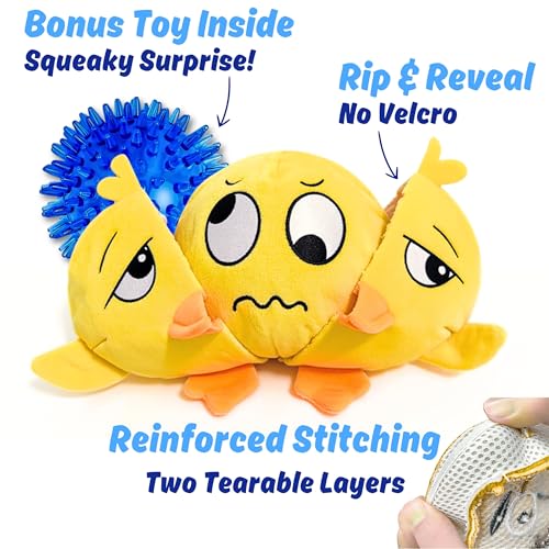 Ducky 3 in 1 Plush Duck Dog Chew Toy with Squeaky Ball Inside for Aggressive Chewers, Super Interactive, No Stuffing, Strong Tough Heavy Durable, Birthday Gift Box for Small & Large Breeds - color: Yellow