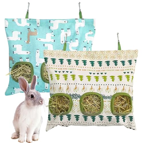 Lesnala 2 Pcs Canvas Hanging Bunny Hay Feeder Bags 3 Holes 2 Styles | Rabbit hay feeder Bag, Guinea Pig Hay Bag, Large Capacity Cotton Canvas Fabric, for Chinchillas Hamsters & Other Small Pets - color: green