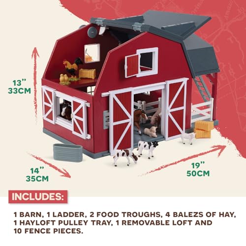 Terra by Battat – 20 Pieces Wooden Animal Barn Toy Set – Farm Animals & Play Fence – Pretend Play for Toddlers & 3+ Years – Educational Toys – Farmhouse Playset | Wooden farm toy set with 1 barn, 10 fences, ladder, 4 hay bales, 2 troughs, pulley tray and