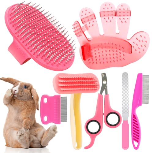 Rabbit Grooming Kit, Rabbit Brush for Shedding with Bunny Nail Clipper, Rabbit Nail Trimmers with Pet Combs for Hamster Guinea Pig Ferret by KALAMANDA(Pink) - color: Pink