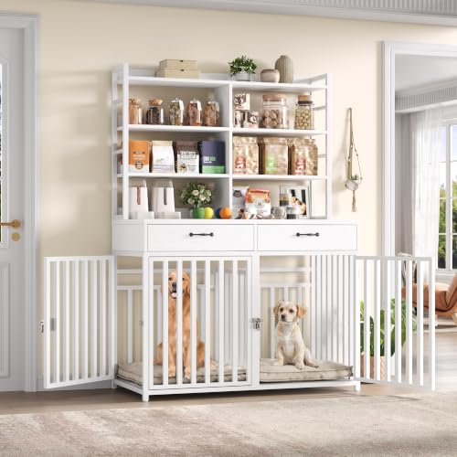 Keyluv 71''H x 47.2''W Large Dog Crate Furniture with 4-Tier Shelves and 2 Storage Drawers, Heavy Duty Dog Cage Furniture with 2 Doors, Wood & Metal Dog Kennel Indoor for Small/Medium/Large Dog, White - color: White