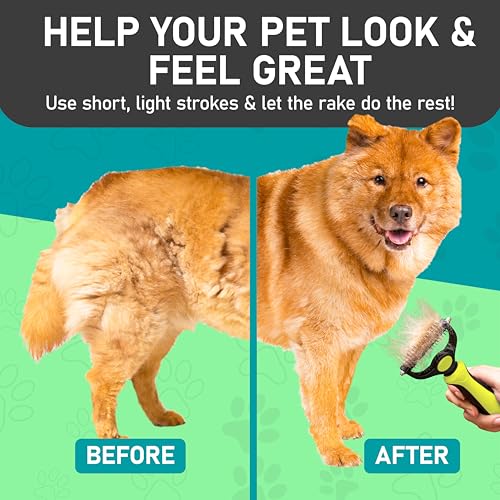 Maxpower Planet Pet Grooming Brush - Double Sided Shedding, Dematting Undercoat Rake for Dogs and Cats - Extra Wide Dog Grooming Brush - Yellow | Yellow Deshedding & Dematting, Extra-Wide Double-Sided Comb, Long-Haired Coats, Reduces Shedding, Original De