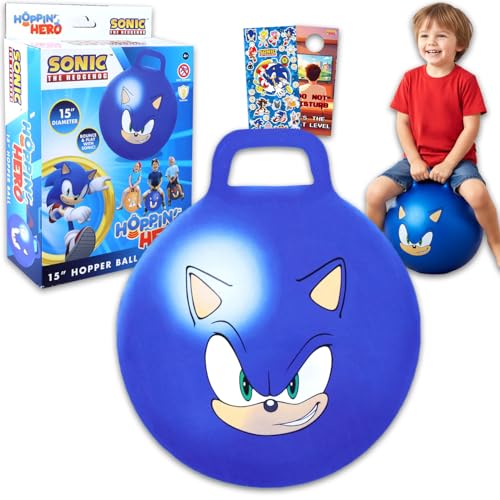 Sonic the Hedgehog Hopper Ball Bundle - Bouncy Ball with Handle for Kids | 15" Sonic Hippity Hop Jumping Ball for Kids Plus Stickers, More | Sonic the Hedgehog Backyard Activities, Outdoor Toys