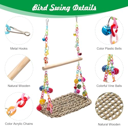 Bird Swing Toys Coolrunner Bird Hammock Bed Hanging Swing Nest Cotton | Weave Hemp Rope Bird Seagrass Swing Toys with Colorful Bells Bird Swing Toys for Parakeets, Budgie, Conure, Cockatiel