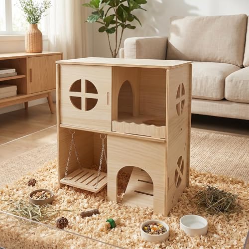 Wooden Hamster Hideout & Cage Accessories - Multi-Chamber Habitat with Swing, Ladder, House and Playground for Climbing - Enrichment Toys for Dwarf Hamster, Gerbil, Mouse, and Small Rodents