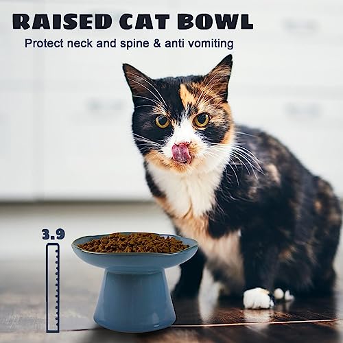 Extra Wide 6.1" Ceramic Raised Cat Food Bowl, Shallow Elevated Pet Feeder for Food Feeding, Anti Vomiting Whisker Fatigue Bowls for Cat Puppy, Blue - color: Blue-Shallow