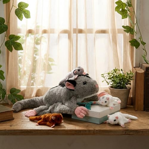 Hollowfly 5 Pcs Sugar Glider Family Stuffed Animal Set 18.5 Mommy Sugar Glider Plush Toy Long Tail with 4 Cute Babies Zippered Belly Inside Nurturing Gifts for Kids Adults Holiday Birthday Christmas - style: Sugar Glider