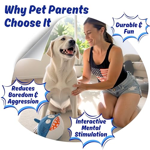 Dog Toy for Aggressive Chewers, Tough Squeaky Chew Ball, Large Breeds Gift | Super Strong, Durable Soft Plush Shark, No Stuffing Inside; Interactive for Puppies, Medium & Big Pets in a Birthday Gift Box - color: Blue