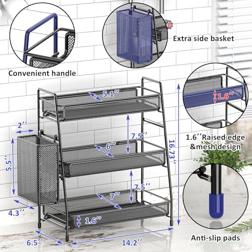 EKNITEY Bathroom Countertop Organizer Shelf - 3 Tier Counter Spice Rack | Metal, Removable Basket, Non-Slip Base, Makeup Rack, Small Coffee Station Organizer, for Sink Bedroom Kitchen Living room - color: Black with Basket