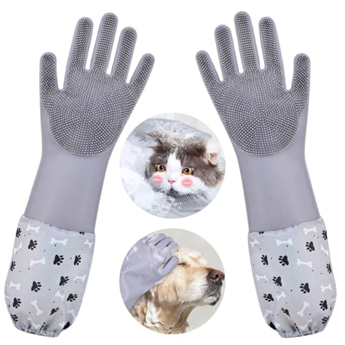 Dog Washing Gloves, Pet Grooming Gloves with Soft Brushes, Bathing and Massaging for Dogs and Cats, Silicone Heat Resistant Cleaning Gloves with High-Density Teeth (Gray) - color: Gray