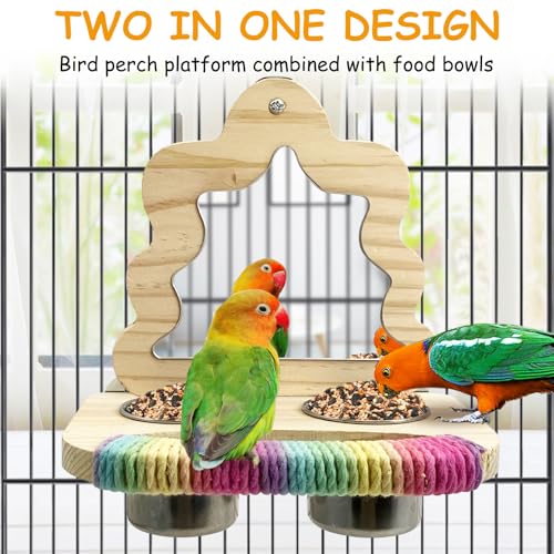 Tfwadmx Bird Parrot Wooden Feeding Cups Small Bird Feeding Dish Cups Stainless Steel Birds Bowls Food Water Bowls with Food Holder for Cockatiel Lovebirds Parakeet Macaw Finches